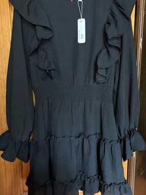 glam Black Ruffle Long Sleeve Smocked Waist Mini Dress